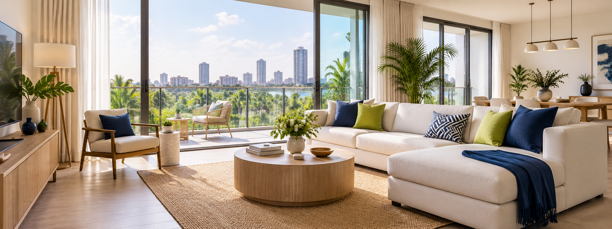 Bright, modern Colombo apartment interior with balcony greenery and a spacious living area