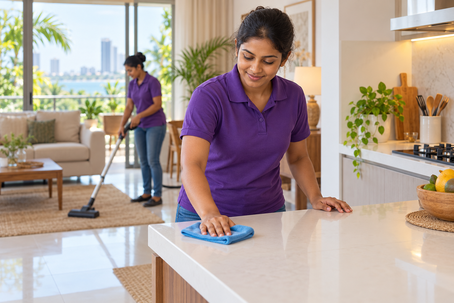 Residential cleaning professional in a purple polo and jeans caring for a bright Sri Lankan home