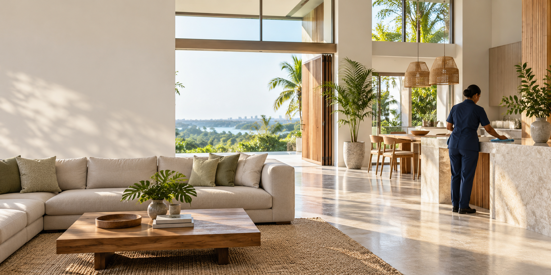 Bright Sri Lankan home interior with tropical greenery